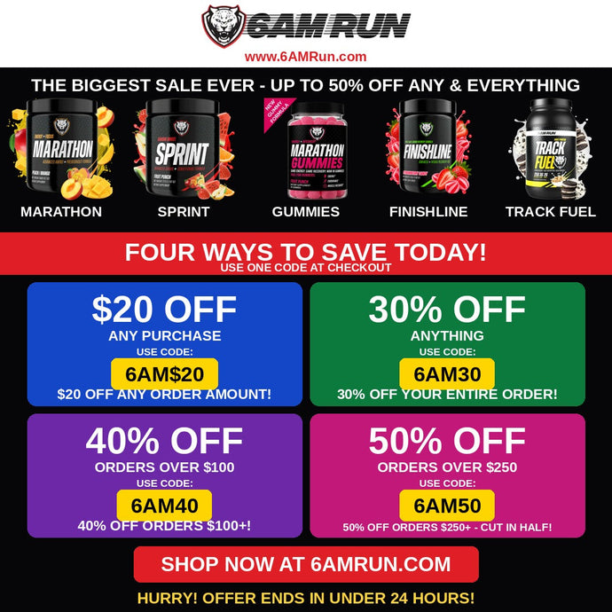 6AM Run Mega Sale - up to 50% off any and everything. Codes 6AM$20, 6AM30, 6AM40, 6AM50.